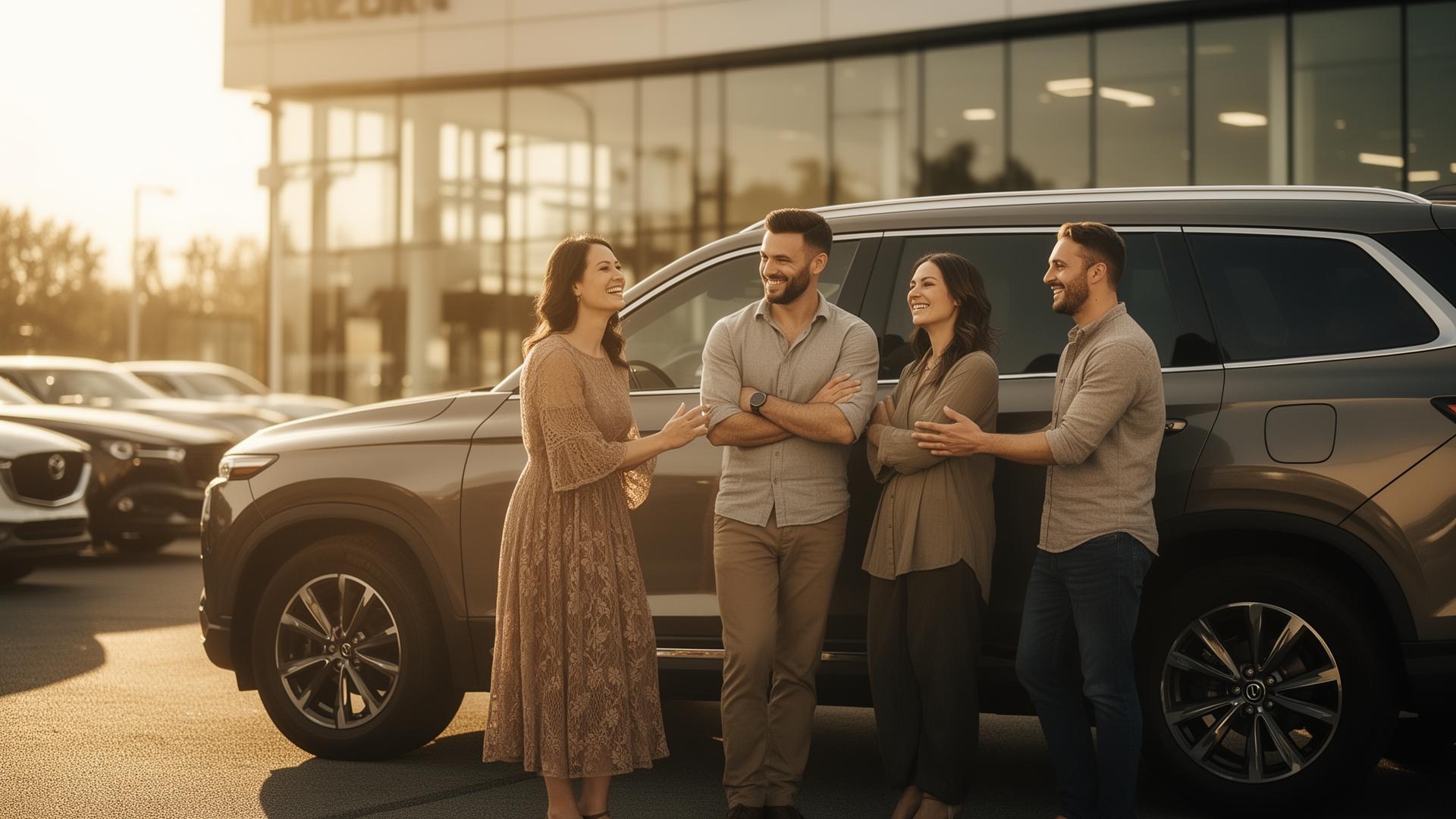 A family standing next to their SUV at a sunlit dealership