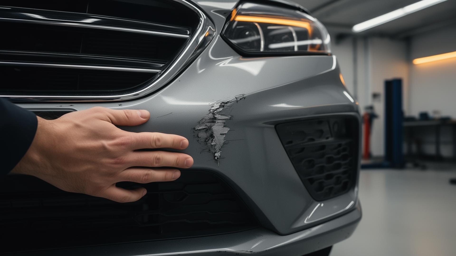 A hand inspecting a freshly repaired car bumper in a clean service bay