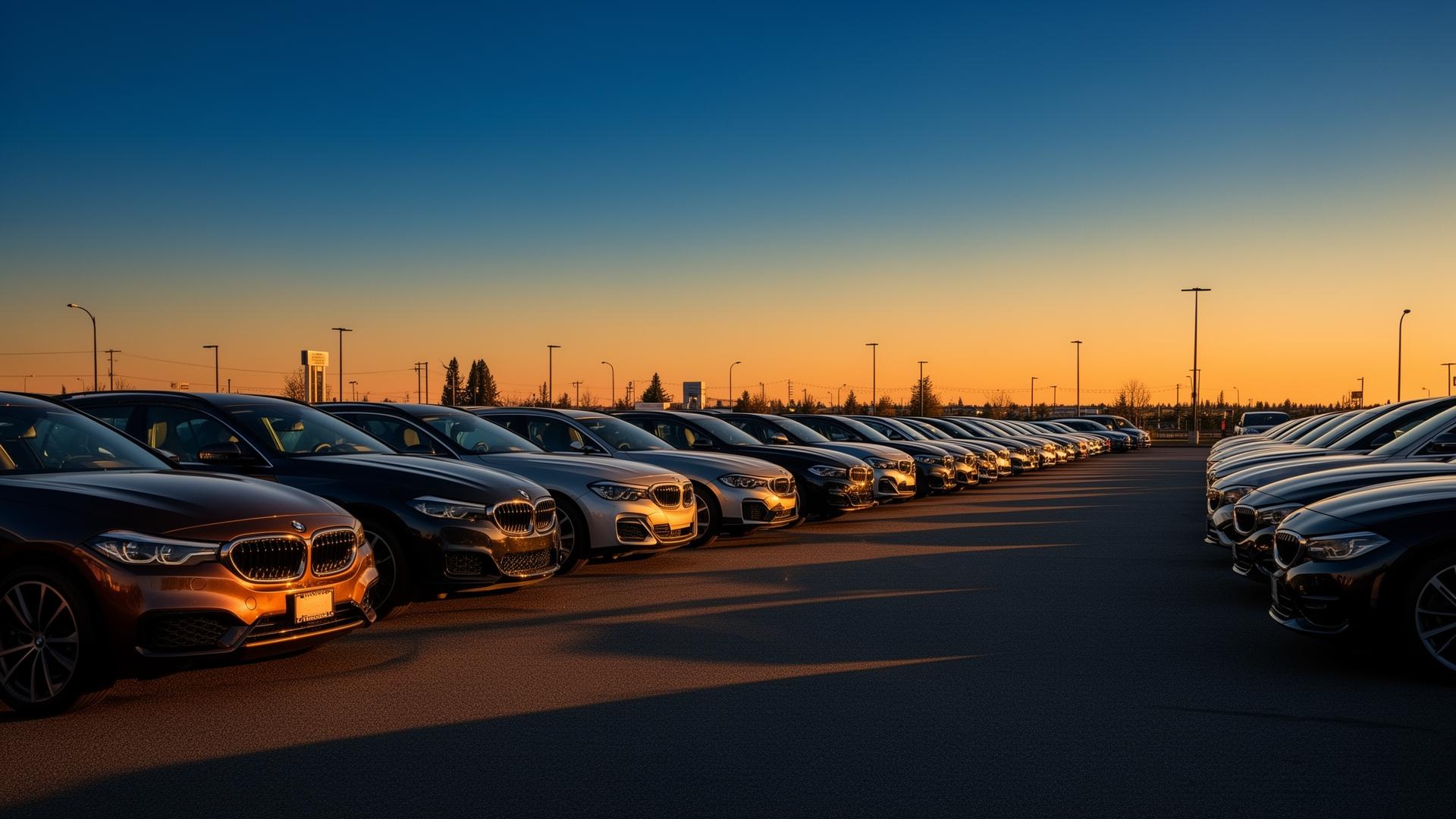 A row of premium vehicles on a dealership lot at golden hour